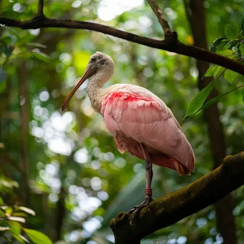 Roseate Spoonbill perched on a tree branch with soft pink feathers and a long, spoon-shaped bill in a lush green forest.