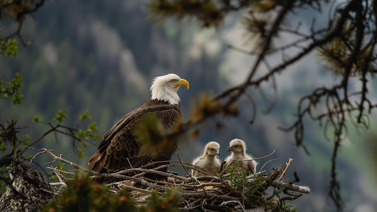 Adult bald eagle perched on a nest with two fluffy chicks, surrounded by branches against a blurred mountainous background.