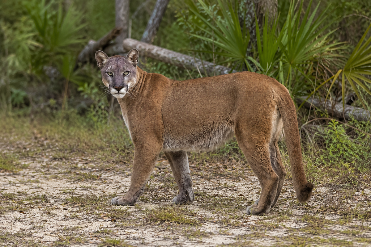 Florida panther standing alert on a sandy trail in South Florida, showing its muscular body and tawny coat.